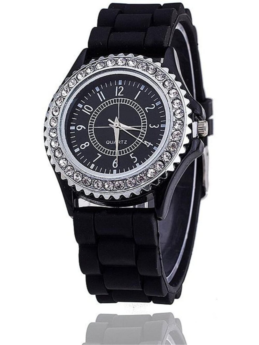 Women's Black Analog Quartz Silicone Band Lady Digital Rhinestone Wrist Watch